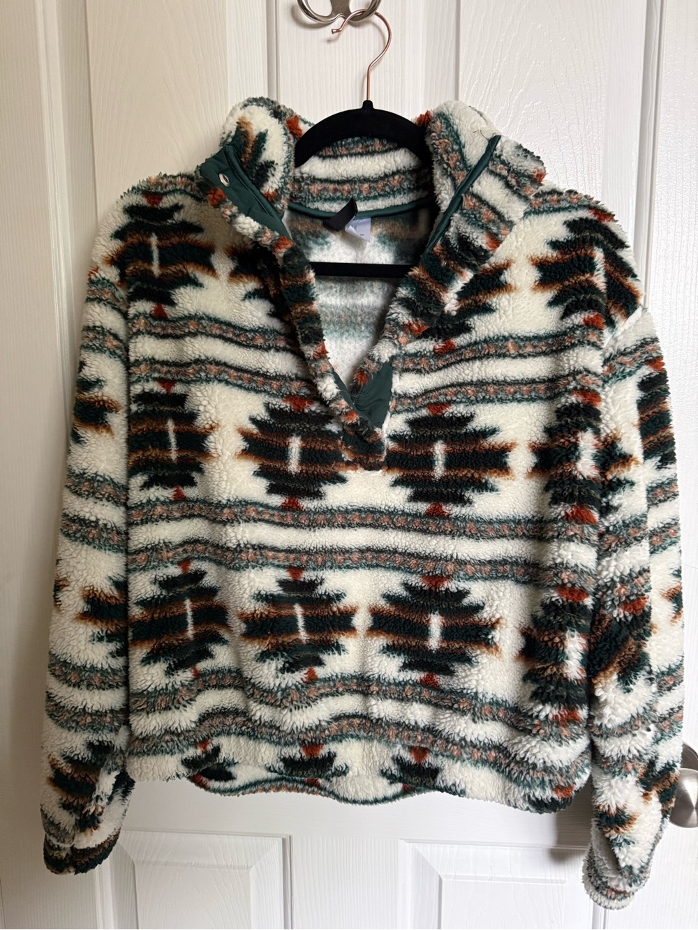 Cozy Aztec Print Sherpa Pullover Hoodie - Cream & Green